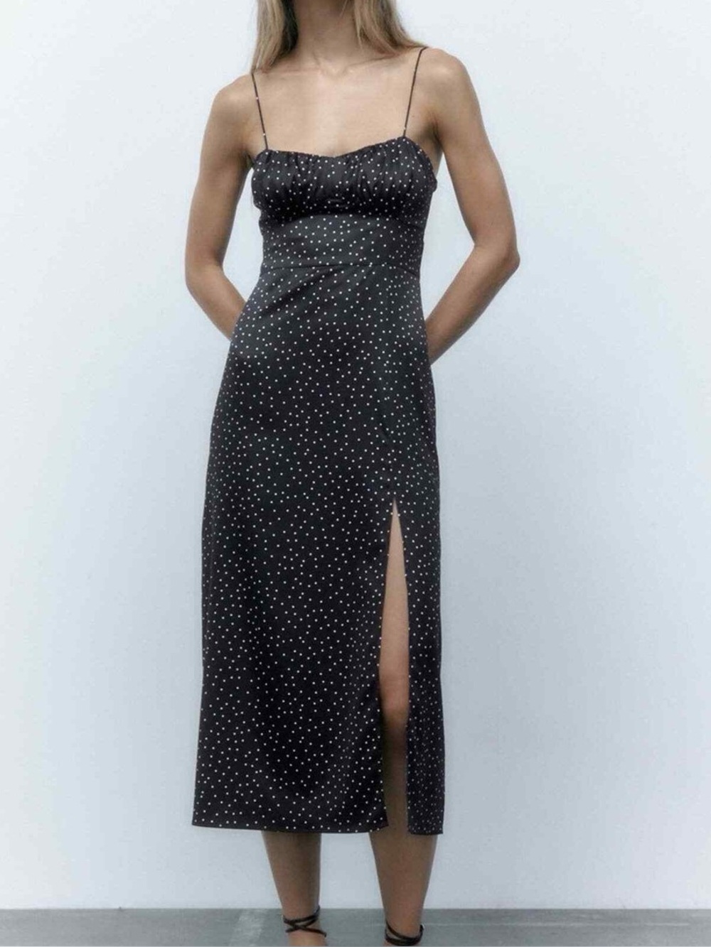 Zara Sz S Black Satin Polka Dots Feminine Midi Dress